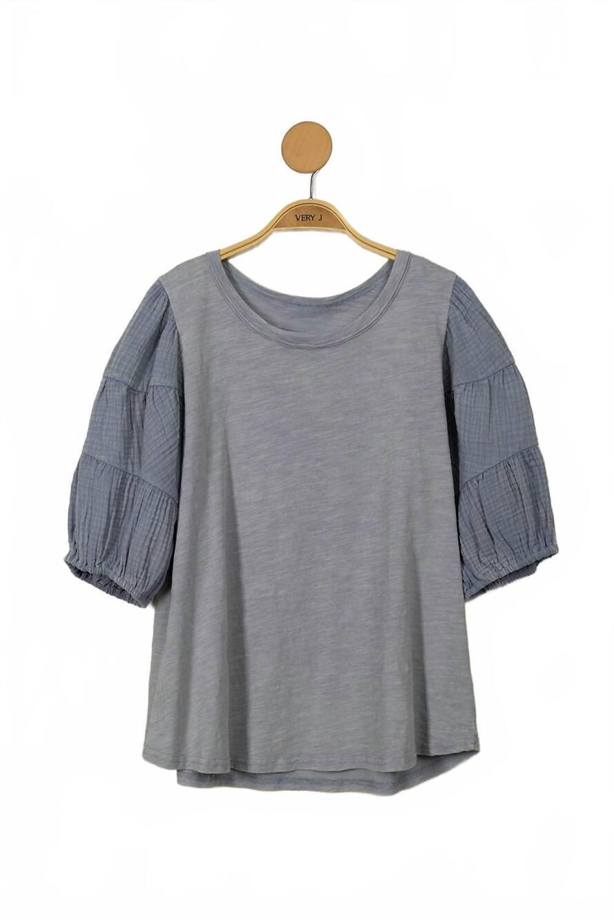 NEW VERY J women's mineral washed puff sleeve top in blue